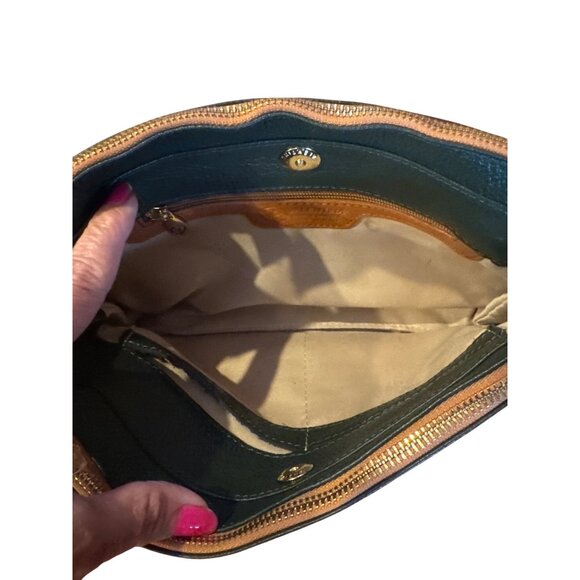 Valentina Italy Leather Shoulder Bag Green Tan Strap Gold Logo Zip Purse - Picture 9 of 16